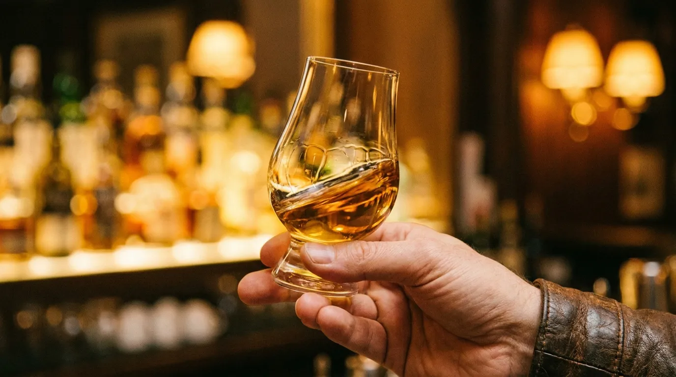 En hånd svirper forsigtigt rundt med et glas amberfarvet whisky i nærbillede