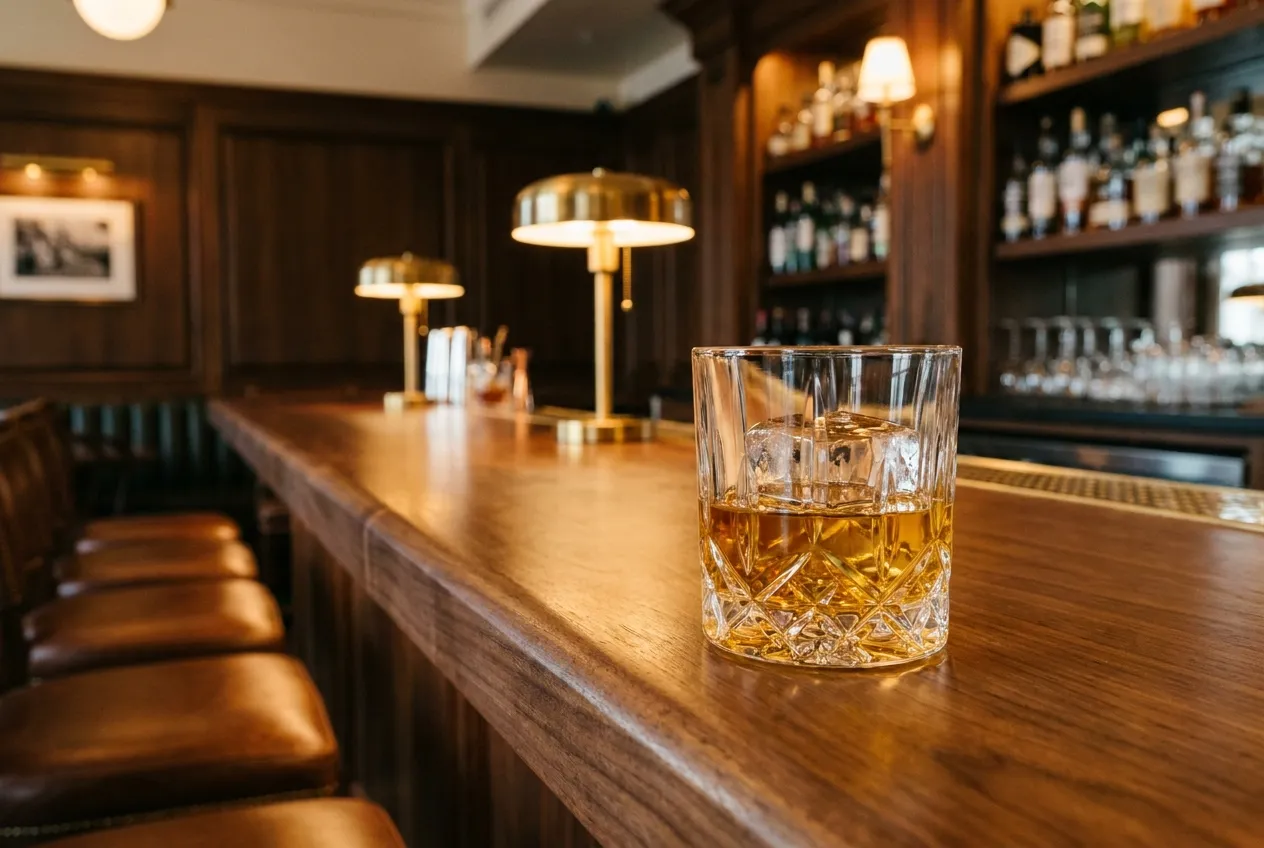 Gylden bourbon i et tungt rocks-glas med en stor klar isterning på en valnøddebardisk