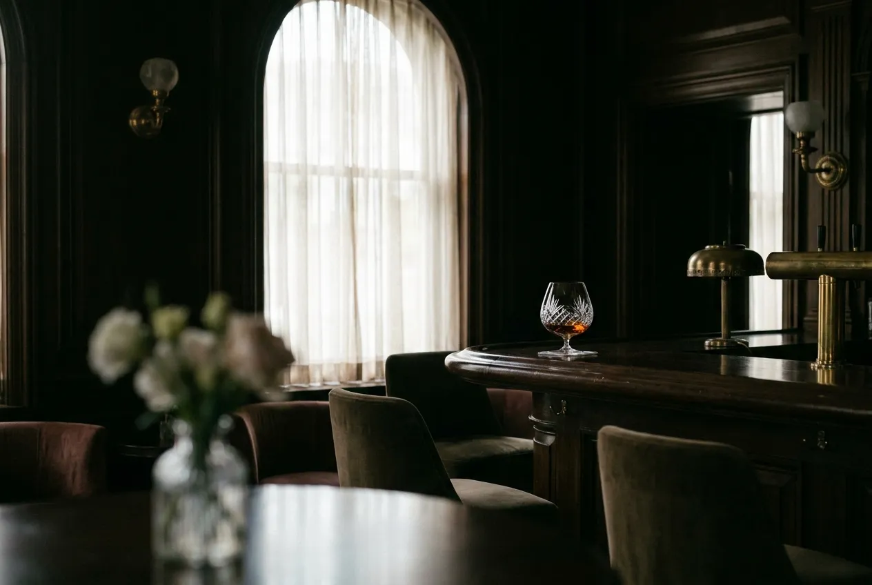 Et cognacglas med gylden ravfarvet cognac nær et højt vindue med blødt dagslys