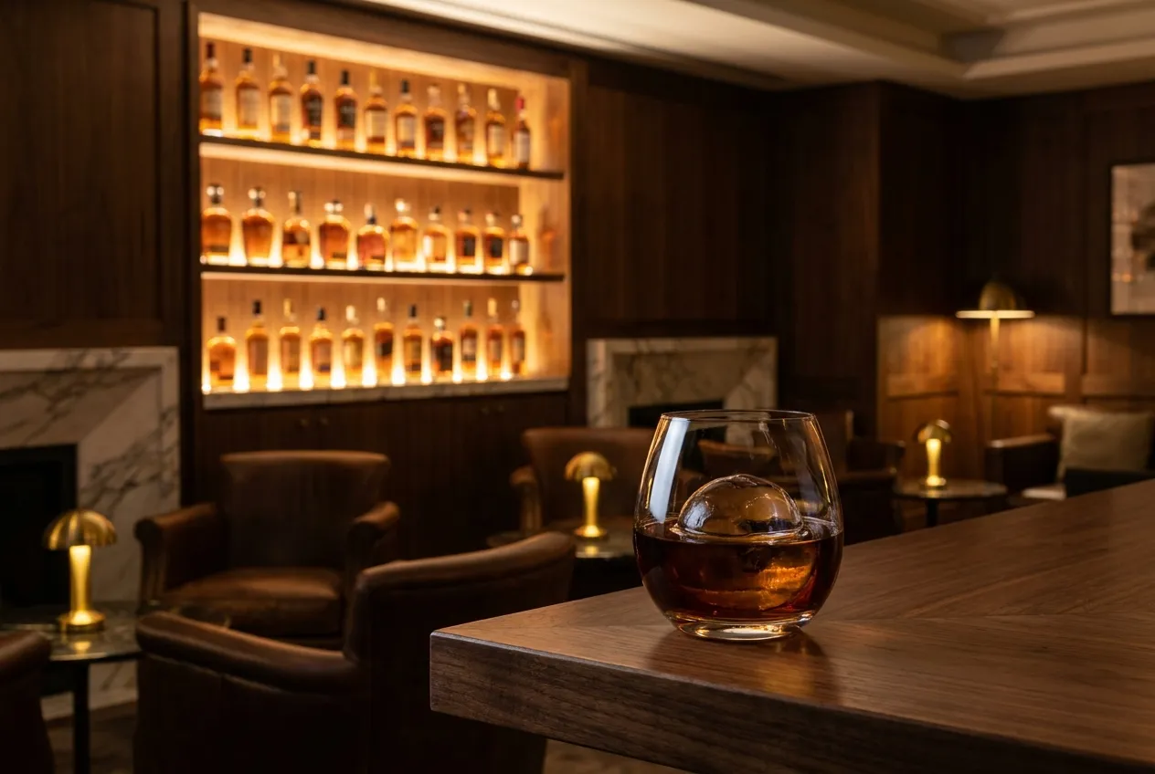 Et glas mørk lagret rom på en marmorbardisk i en stemningsfuld eksklusiv lounge