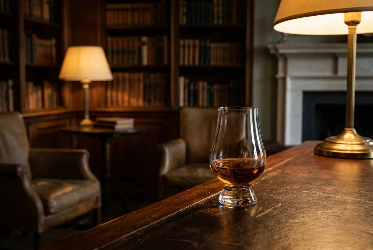 Et tulipanformet whiskyglas med dyb ravfarvet peated whisky på et mørkt læderbeklædt bardisk