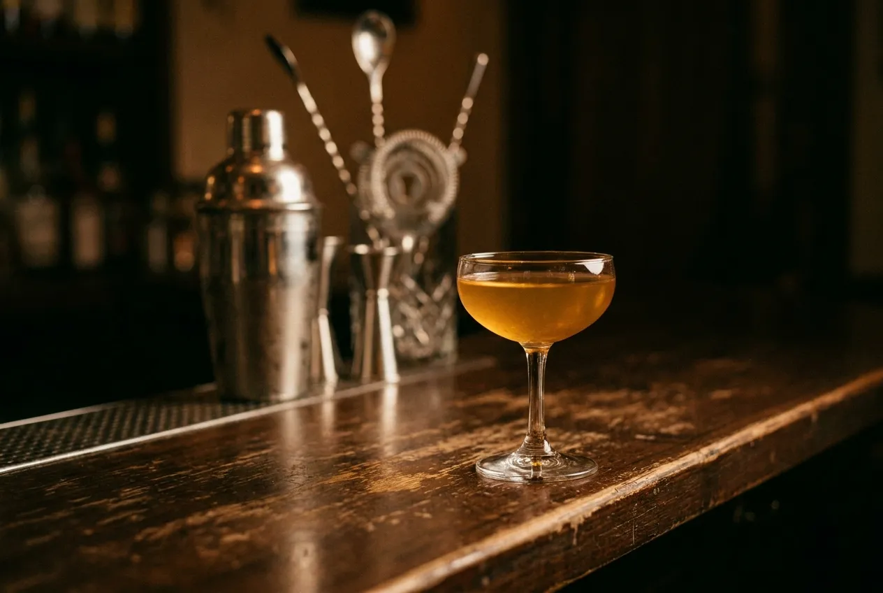 En cocktailglas med ravfarvet cognacbaseret drink på en mørk bardisk med sløret bar-udstyr i baggrunden