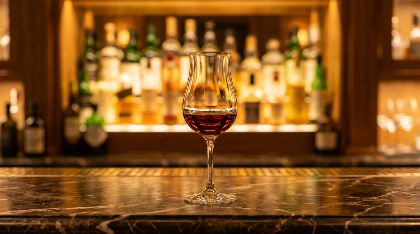 Dyb amber rom i et tulipanformet glas på en poleret mørk marmorbardisk i en varm, eksklusiv klublounge