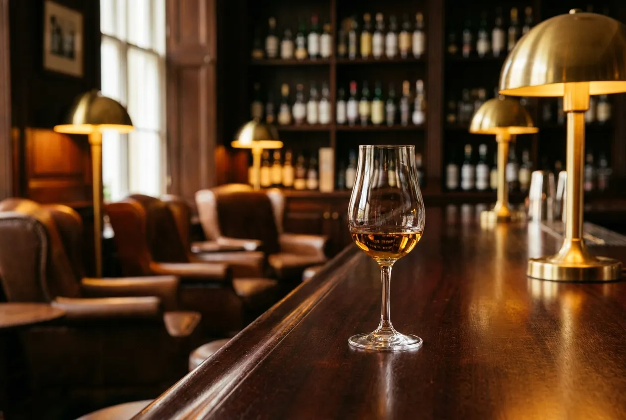 Irsk whiskey i et tulipanglas på en poleret mørk bardisk i en varm loungeatmosfære